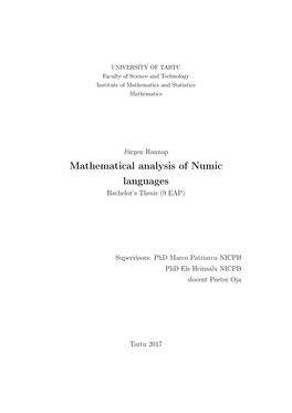 Mathematical Analysis of Numic Languages Bachelor’S Thesis (9 EAP)