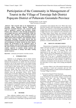 Participation of the Community in Management of Tourist in the Village of Torosiaje Sub District Popayato District of Pohuwato Gorontalo Province