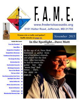 November 2015 Inside This Issue: in the Spotlight…Dave Mott from the President 2 by Karen Fetters