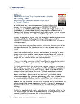 Meltdown a Free-Market Look at Why the Stock Market Collapsed, the Economy Tanked, and Government Bailouts Will Make Things Worse by Thomas E Woods Jr