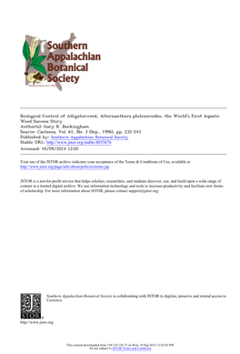 Biological Control of Alligatorweed, Alternanthera Philoxeroides, the World's First Aquatic Weed Success Story Author(S): Gary R