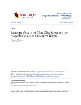 Sumer and the Magoffin Collection Cuneiform Tablets.” We Recommend Acceptance in Partial Ful- Fillment of the Requirements for the Degree of Master of Arts