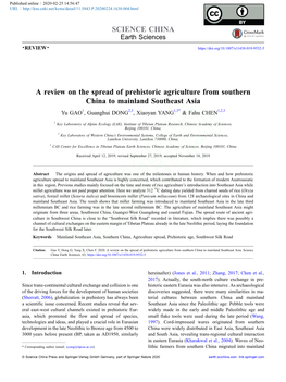 A Review on the Spread of Prehistoric Agriculture from Southern China to Mainland Southeast Asia 1 2,3 1,3* 1,2,3 Yu GAO , Guanghui DONG , Xiaoyan YANG & Fahu CHEN