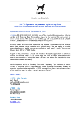 LYCOS Sports to Be Powered by Breaking Data Lycos Sports to Offer Personalized Game Reporting, Team News and Social Commentary