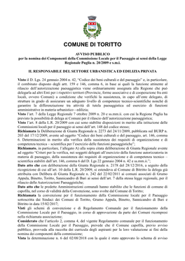 AVVISO PUBBLICO Per La Nomina Dei Componenti Della Commissione Locale Per Il Paesaggio Ai Sensi Della Legge Regionale Puglia N