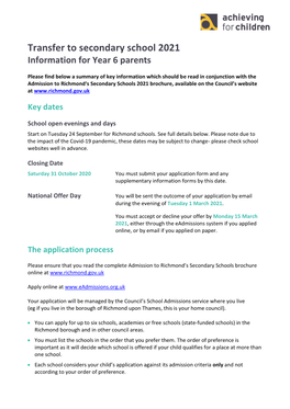 Transfer to Secondary School 2021 Information for Year 6 Parents