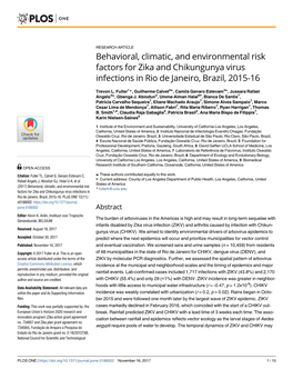 Behavioral, Climatic, and Environmental Risk Factors for Zika and Chikungunya Virus Infections in Rio De Janeiro, Brazil, 2015-16