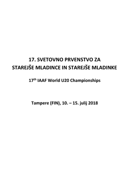 17. Svetovno Prvenstvo Za Starejše Mladince in Starejše Mladinke