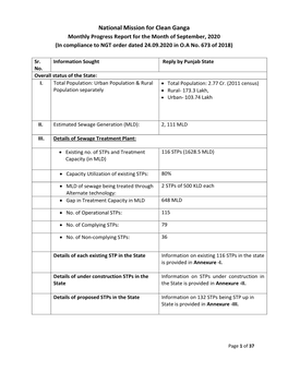 National Mission for Clean Ganga Monthly Progress Report for the Month of September, 2020 (In Compliance to NGT Order Dated 24.09.2020 in O.A No