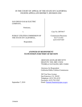 In the Court of Appeal of the State of California Fourth Appellate District, Division One Answer of Respondent to Petition for W