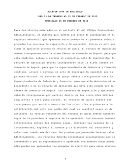 Boletin 2964 De Registros Del 13 De Febrero Al 19 De Febrero De 2010 Publicado 25 De Febrero De 2010