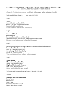 Handover of Carlisle and District State Management Scheme Pubs 1973 – Groups, Individual Lots and Prices Paid