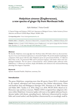 Hedychium Ziroense (Zingiberaceae), a New Species of Ginger Lily from Northeast India