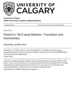 Plutarch's "De E Apud Delphos": Translation and Commentary