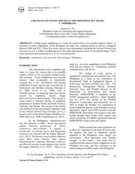 Sy, E. 2014. Checklist of Exotic Species in the Philippine Pet Trade, I