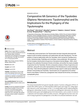 Comparative Mt Genomics of the Tipuloidea (Diptera: Nematocera: Tipulomorpha) and Its Implications for the Phylogeny of the Tipulomorpha