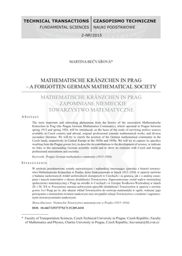 Mathematische Kränzchen in Prag – a Forgotten German Mathematical Society