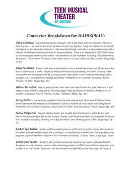 Character Breakdown for HAIRSPRAY