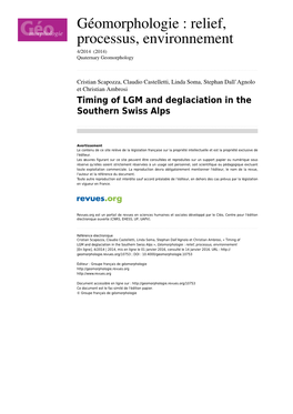 Timing of LGM and Deglaciation in the Southern Swiss Alps