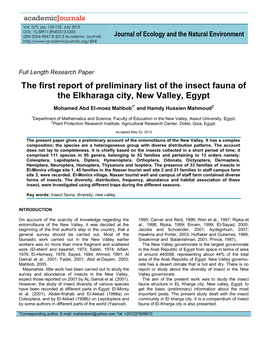 The First Report of Preliminary List of the Insect Fauna of the Elkharaga City, New Valley, Egypt