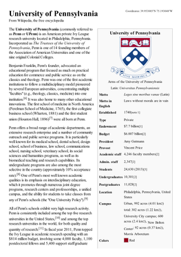 University of Pennsylvania Coordinates: 39.953885°N 75.193048°W from Wikipedia, the Free Encyclopedia