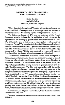 Millennial HOPES and FEARS: GREAT BRITAIN, 1780-1960