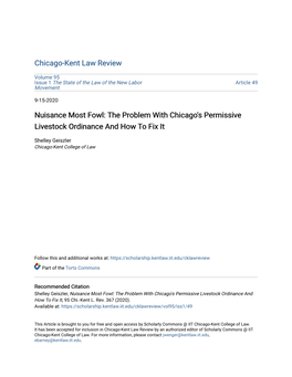 Nuisance Most Fowl: the Problem with Chicago's Permissive Livestock Ordinance and How to Fix It