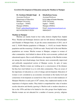 Growth & Development of Education Among the Muslims in Manipur Dr. Keisham Shitaljit Singh & Khutheibam Seema Associate