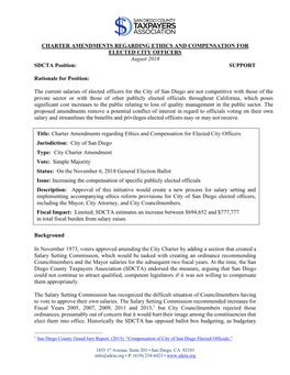 CHARTER AMENDMENTS REGARDING ETHICS and COMPENSATION for ELECTED CITY OFFICERS August 2018 SDCTA Position: SUPPORT