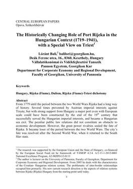 The Historically Changing Role of Port Rijeka in the Hungarian Context (1719–1941), 1 with a Special View on Triest