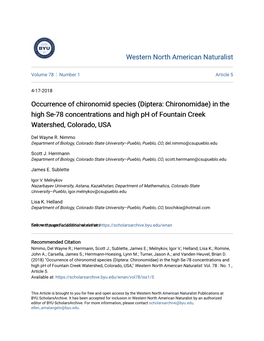 Diptera: Chironomidae) in the High Se-78 Concentrations and High Ph of Fountain Creek Watershed, Colorado, USA