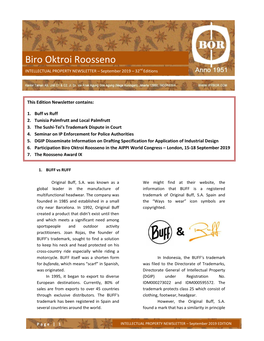 Biro Oktroi Roosseno INTELLECTUAL PROPERTY NEWSLETTER – September 2019 – 32Nd Editions