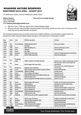 Roadside Nature Reserves Monitoring Days: April – August 2019