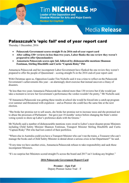 Palaszczuk's 'Epic Fail' End of Year Report Card