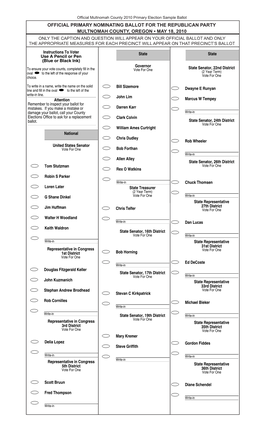 Official Primary Nominating Ballot for the Republican Party Multnomah County, OR - May 18, 2010
