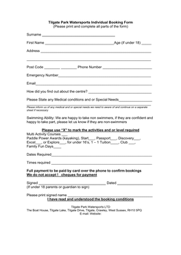 Tilgate Park Watersports Individual Booking Form (Please Print and Complete All Parts of the Form)