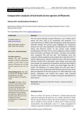 Comparative Analysis of Leaf Traits in Two Species of Plumeria