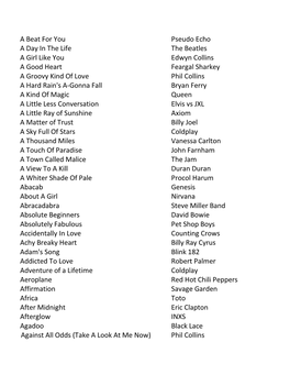 A Beat for You Pseudo Echo a Day in the Life the Beatles a Girl Like You Edwyn Collins a Good Heart Feargal Sharkey a Groovy