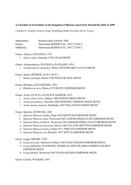 A Checklist of Saturniidae of the Kingdom of Bhutan Reported by Ronald Brechlin in 2009