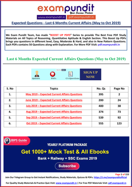 Last 6 Months Expected Current Affairs Questions (May to Oct 2019)