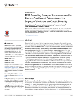 DNA Barcoding Survey of Anurans Across the Eastern Cordillera of Colombia and the Impact of the Andes on Cryptic Diversity