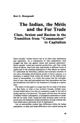 The Indian, the Metis and the Fur Trade Class, Sexism and Racism in the Transition from 