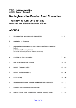 Nottinghamshire Pension Fund Committee Thursday, 19 April 2018 at 10:30 County Hall, West Bridgford, Nottingham, NG2 7QP