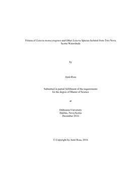 Fitness of Listeria Monocytogenes and Other Listeria Species Isolated from Two Nova Scotia Watersheds