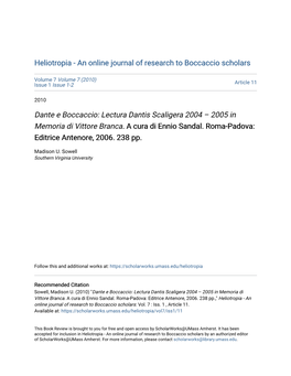 Dante E Boccaccio: Lectura Dantis Scaligera 2004 – 2005 in Memoria Di Vittore Branca