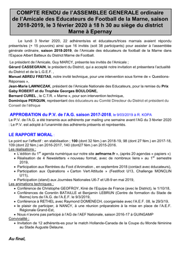 Amicale Des Educateurs De Football De La Marne, Saison 2018-2019, Le 3 Février 2020 À 18 H 30 Au Siège Du District Marne À Epernay