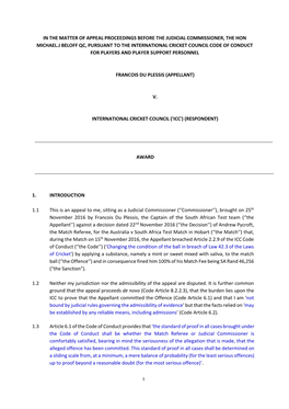 In the Matter of Appeal Proceedings Before the Judicial Commissioner, the Hon Michael.J Beloff Qc, Pursuant to the International