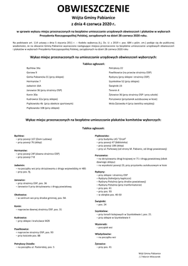 OBWIESZCZENIE Wójta Gminy Pabianice Z Dnia 4 Czerwca 2020 R