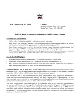 WWE® Reports Strong Second-Quarter 2015 Earnings Growth