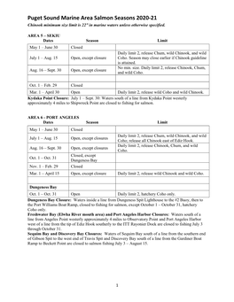 Puget Sound Marine Area Salmon Seasons 2020-21 Chinook Minimum Size Limit Is 22” in Marine Waters Unless Otherwise Specified